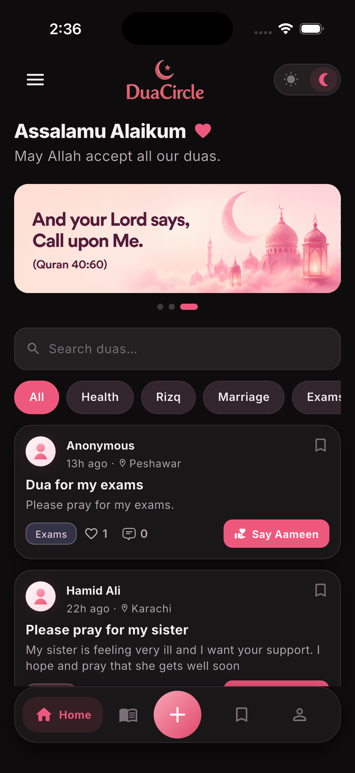 Dua Circle community feed in dark mode