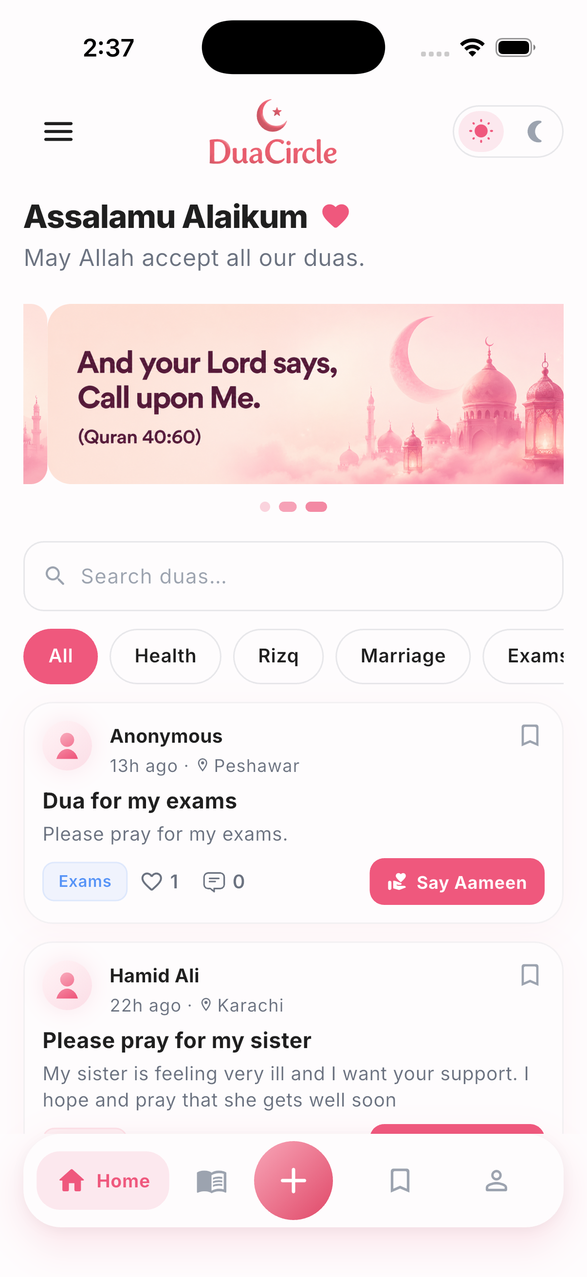 Dua Circle community feed in light mode